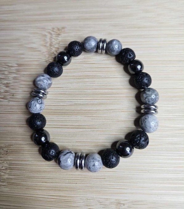 Pierre de lave, hematite et jaspe picasso 